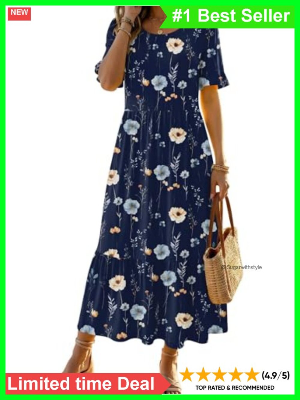 Ruffle Short Sleeve Tiered Midi Dress A-Line Flowy Sundress